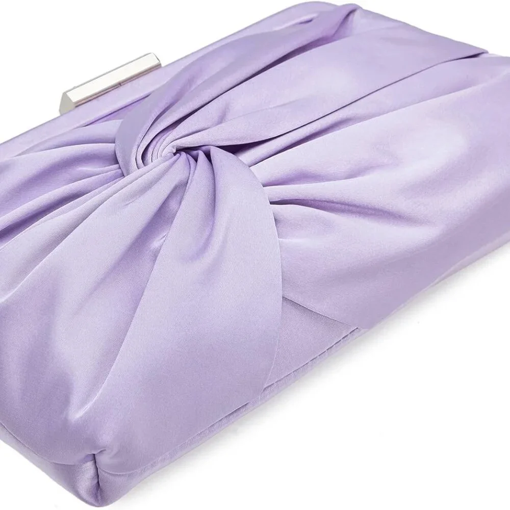 Women Evening Purse Satin Clutch 9.8x5.1x1.5 Inches Knot Pleated Handbag